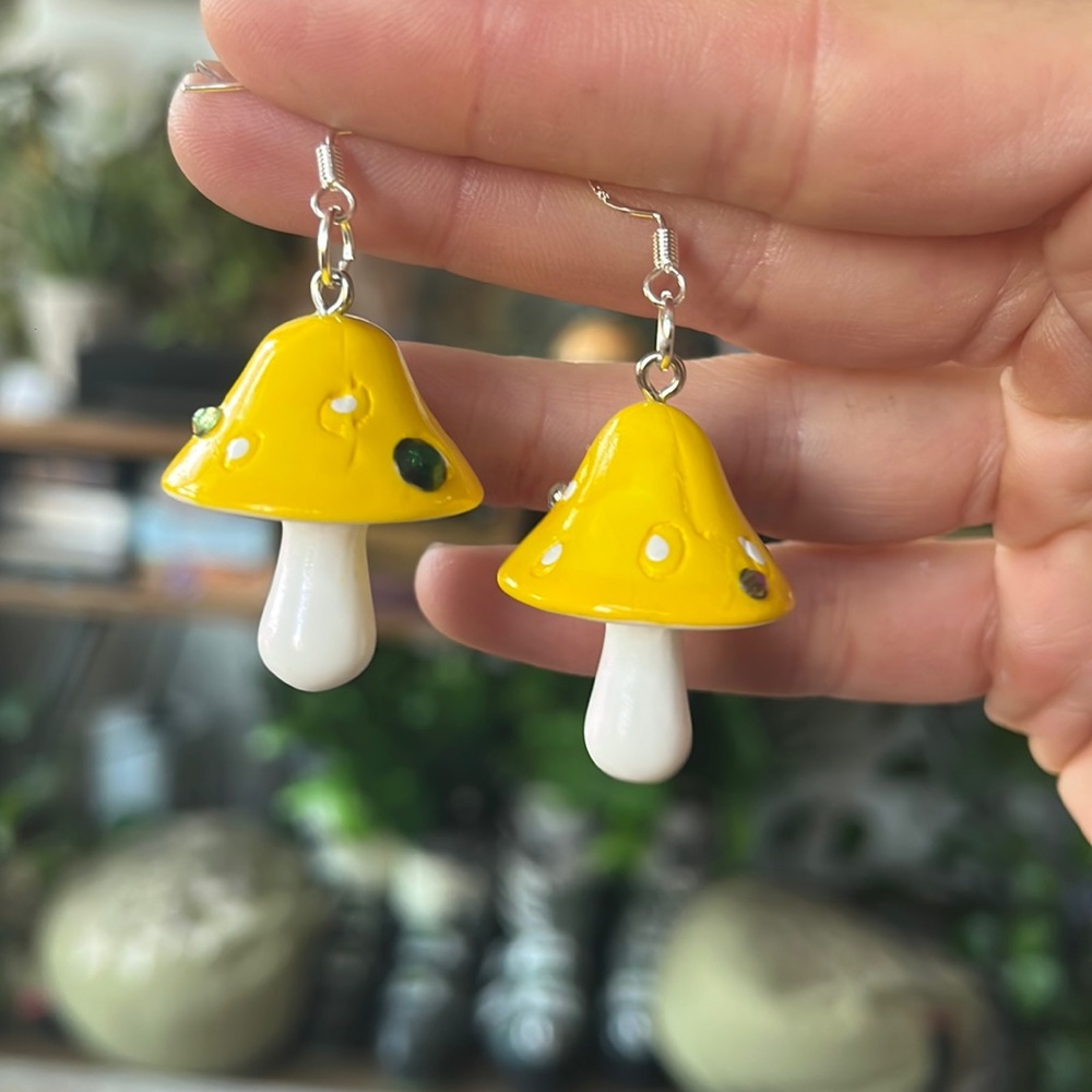 Yellow mushroom dangle earrings with rhinestones